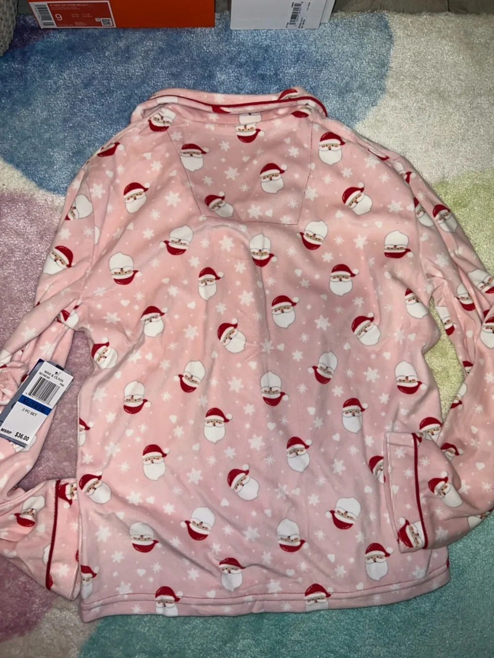 NEW Max & Olivia Pink Santa Print Girls Pajama Set -Button Front 2pc & scrunchie